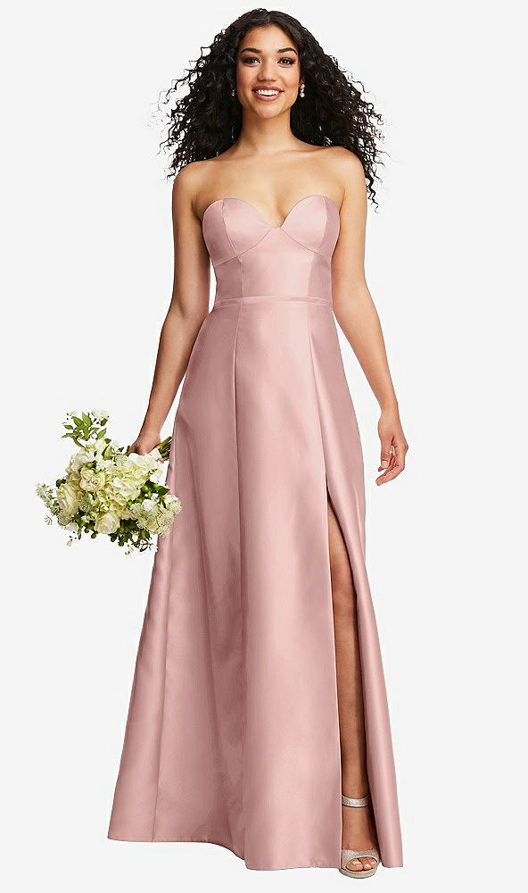 Front View - Rose - PANTONE Rose Quartz Strapless Bustier A-Line Satin Gown with Front Slit