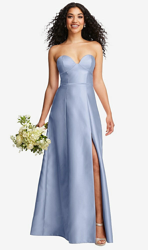Front View - Sky Blue Strapless Bustier A-Line Satin Gown with Front Slit