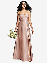 Front View Thumbnail - Toasted Sugar Strapless Bustier A-Line Satin Gown with Front Slit