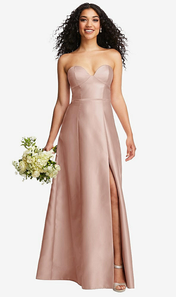 Front View - Toasted Sugar Strapless Bustier A-Line Satin Gown with Front Slit