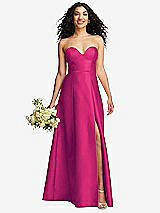Front View Thumbnail - Think Pink Strapless Bustier A-Line Satin Gown with Front Slit