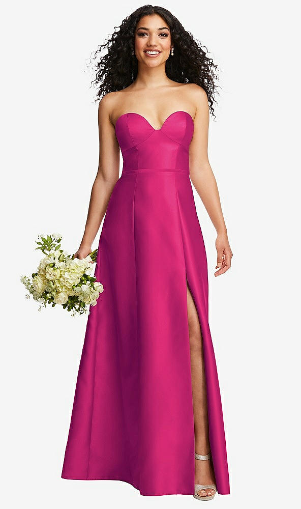 Front View - Think Pink Strapless Bustier A-Line Satin Gown with Front Slit