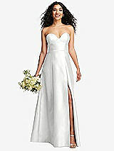 Front View Thumbnail - White Strapless Bustier A-Line Satin Gown with Front Slit