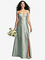 Front View Thumbnail - Willow Green Strapless Bustier A-Line Satin Gown with Front Slit