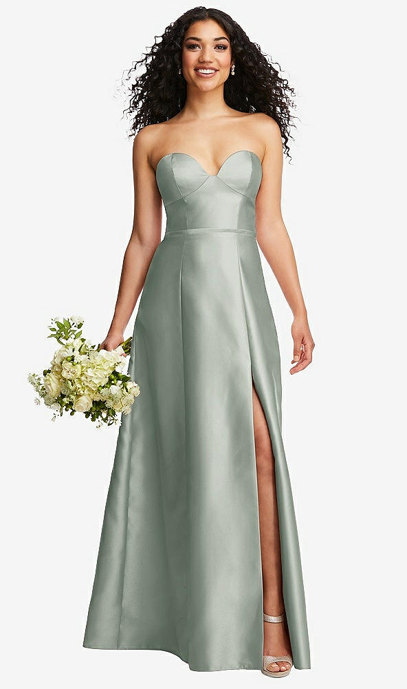 Front View - Willow Green Strapless Bustier A-Line Satin Gown with Front Slit