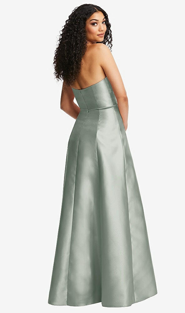 Back View - Willow Green Strapless Bustier A-Line Satin Gown with Front Slit