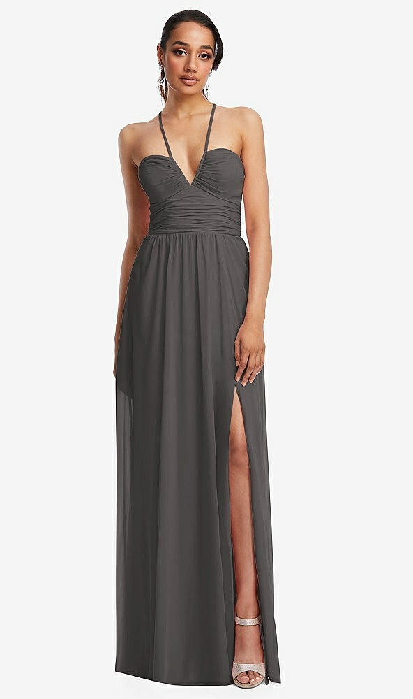 Front View - Caviar Gray Plunging V-Neck Criss Cross Strap Back Maxi Dress