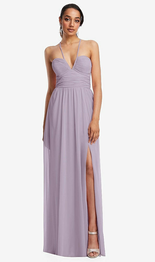 Front View - Lilac Haze Plunging V-Neck Criss Cross Strap Back Maxi Dress