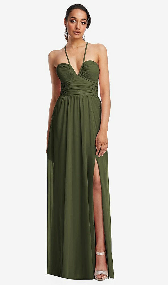 Front View - Olive Green Plunging V-Neck Criss Cross Strap Back Maxi Dress