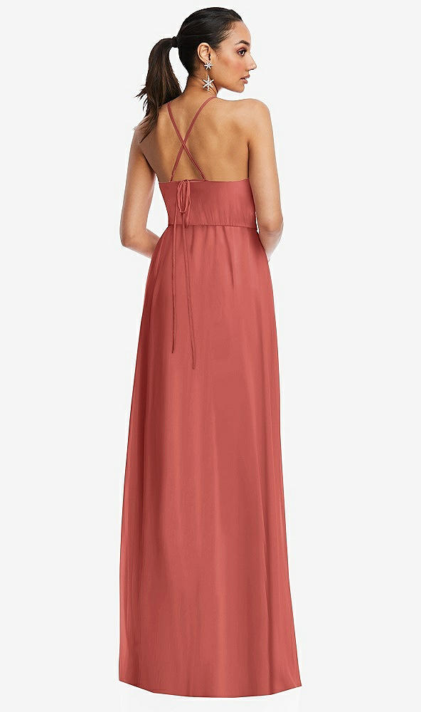 Back View - Coral Pink Plunging V-Neck Criss Cross Strap Back Maxi Dress