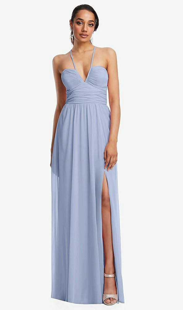 Front View - Sky Blue Plunging V-Neck Criss Cross Strap Back Maxi Dress