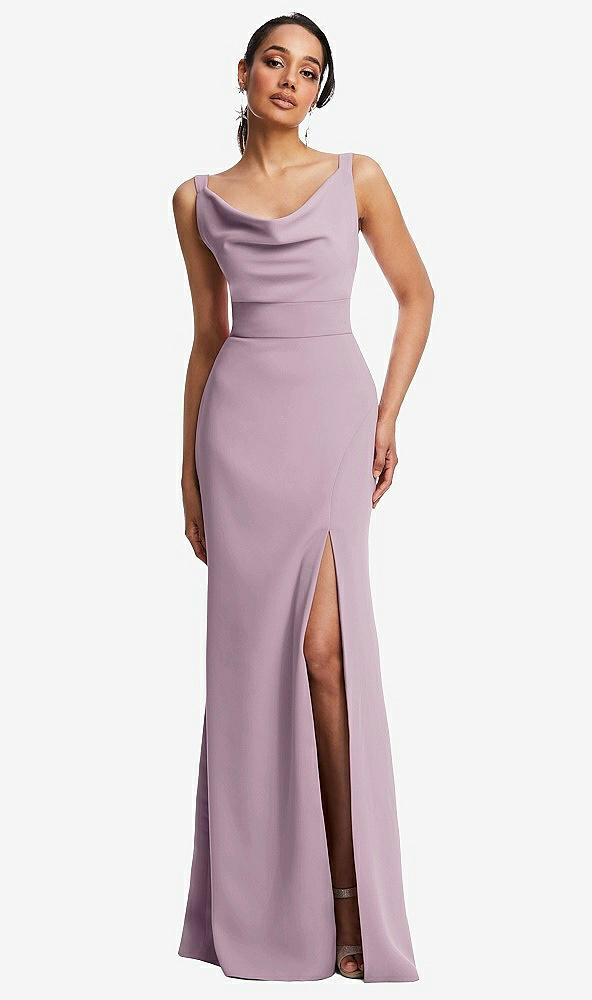 Front View - Suede Rose Cowl-Neck Wide Strap Crepe Trumpet Gown with Front Slit