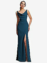 Front View Thumbnail - Atlantic Blue Cowl-Neck Wide Strap Crepe Trumpet Gown with Front Slit