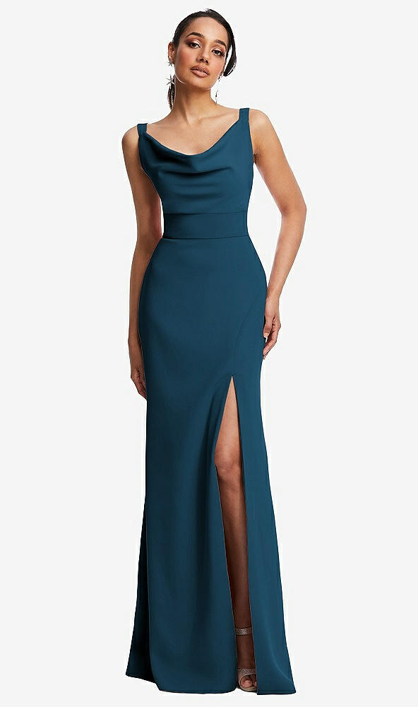 Front View - Atlantic Blue Cowl-Neck Wide Strap Crepe Trumpet Gown with Front Slit