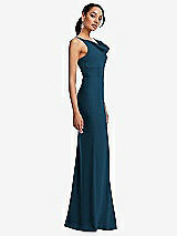 Side View Thumbnail - Atlantic Blue Cowl-Neck Wide Strap Crepe Trumpet Gown with Front Slit
