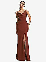 Front View Thumbnail - Auburn Moon Cowl-Neck Wide Strap Crepe Trumpet Gown with Front Slit