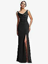 Front View Thumbnail - Black Cowl-Neck Wide Strap Crepe Trumpet Gown with Front Slit