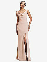 Front View Thumbnail - Cameo Cowl-Neck Wide Strap Crepe Trumpet Gown with Front Slit