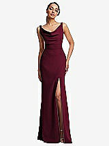 Front View Thumbnail - Cabernet Cowl-Neck Wide Strap Crepe Trumpet Gown with Front Slit