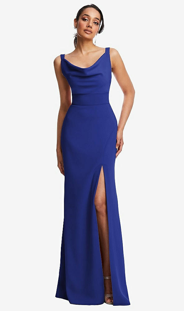 Front View - Cobalt Blue Cowl-Neck Wide Strap Crepe Trumpet Gown with Front Slit