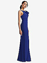 Side View Thumbnail - Cobalt Blue Cowl-Neck Wide Strap Crepe Trumpet Gown with Front Slit