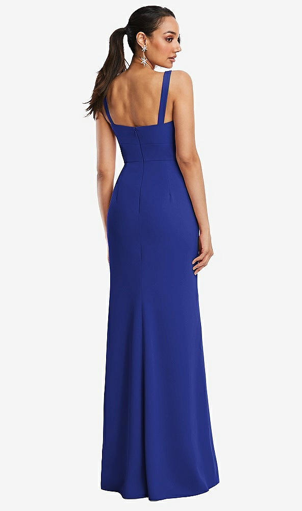 Back View - Cobalt Blue Cowl-Neck Wide Strap Crepe Trumpet Gown with Front Slit
