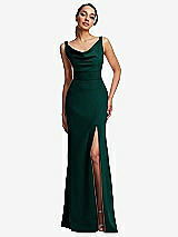 Front View Thumbnail - Evergreen Cowl-Neck Wide Strap Crepe Trumpet Gown with Front Slit