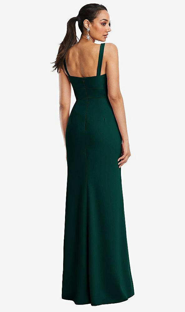 Back View - Evergreen Cowl-Neck Wide Strap Crepe Trumpet Gown with Front Slit