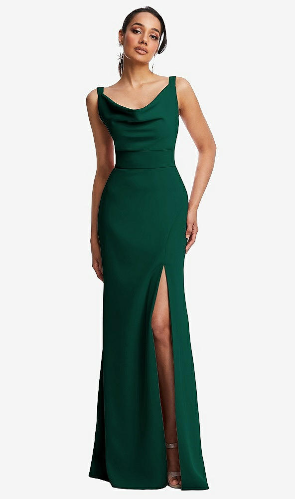 Front View - Hunter Green Cowl-Neck Wide Strap Crepe Trumpet Gown with Front Slit