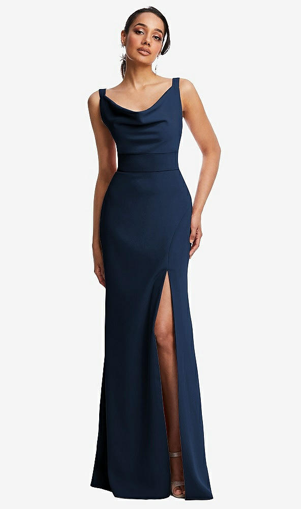 Front View - Midnight Navy Cowl-Neck Wide Strap Crepe Trumpet Gown with Front Slit