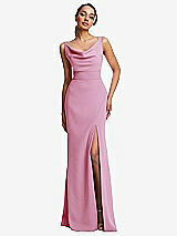 Front View Thumbnail - Powder Pink Cowl-Neck Wide Strap Crepe Trumpet Gown with Front Slit