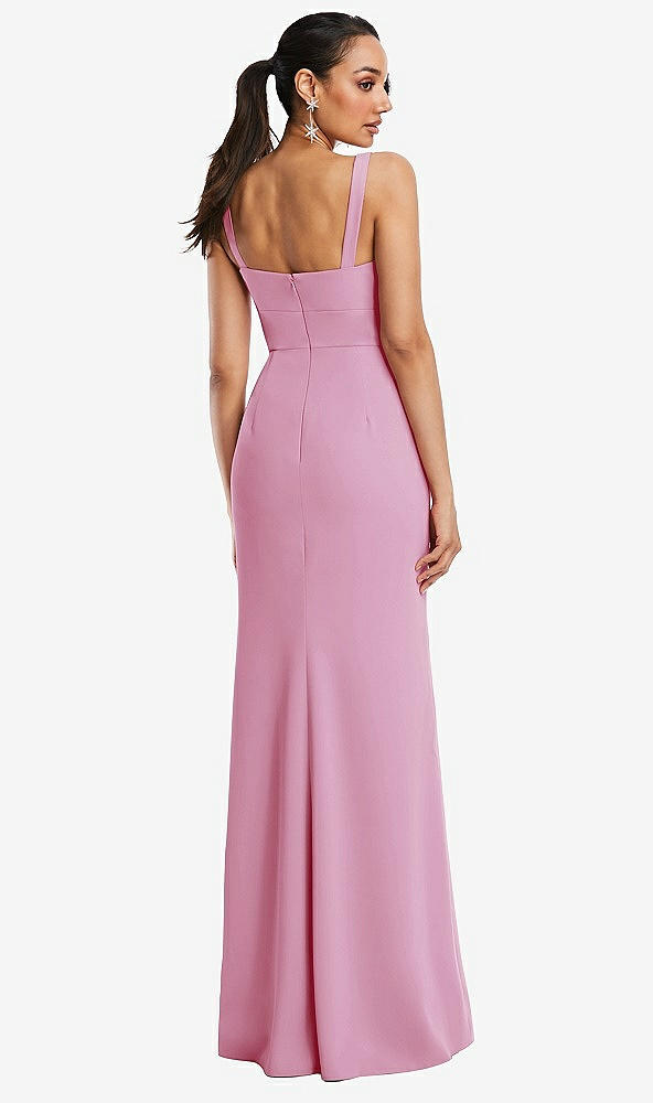 Back View - Powder Pink Cowl-Neck Wide Strap Crepe Trumpet Gown with Front Slit