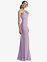 Side View Thumbnail - Pale Purple Cowl-Neck Wide Strap Crepe Trumpet Gown with Front Slit