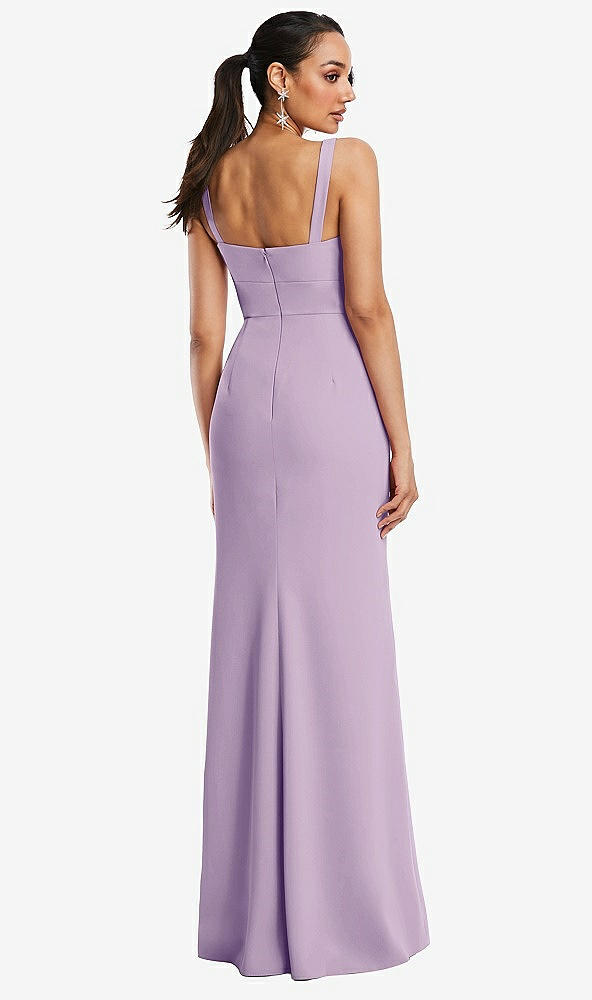 Back View - Pale Purple Cowl-Neck Wide Strap Crepe Trumpet Gown with Front Slit