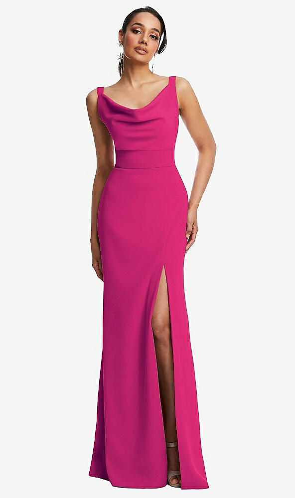 Front View - Think Pink Cowl-Neck Wide Strap Crepe Trumpet Gown with Front Slit