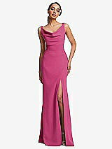 Front View Thumbnail - Tea Rose Cowl-Neck Wide Strap Crepe Trumpet Gown with Front Slit