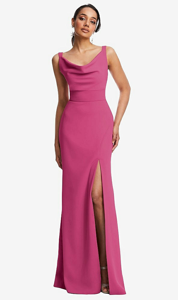Front View - Tea Rose Cowl-Neck Wide Strap Crepe Trumpet Gown with Front Slit