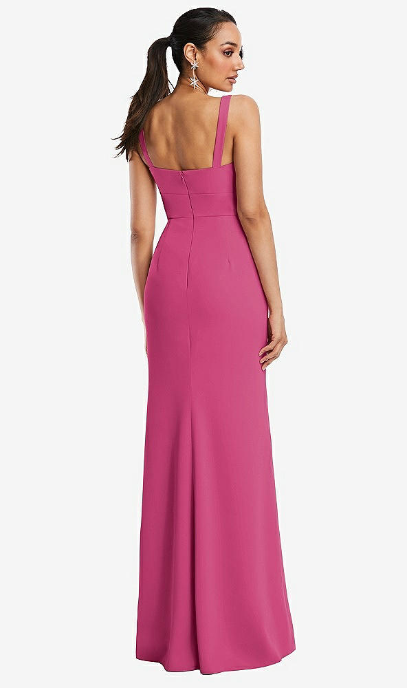 Back View - Tea Rose Cowl-Neck Wide Strap Crepe Trumpet Gown with Front Slit