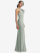 Side View Thumbnail - Willow Green Cowl-Neck Wide Strap Crepe Trumpet Gown with Front Slit