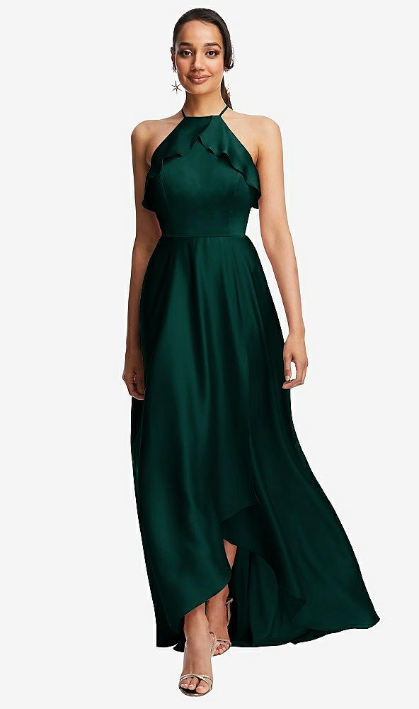 Front View - Evergreen Ruffle-Trimmed Bodice Halter Maxi Dress with Wrap Slit