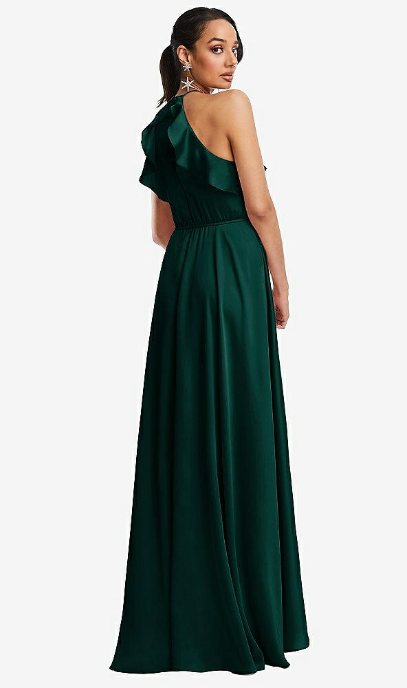 Back View - Evergreen Ruffle-Trimmed Bodice Halter Maxi Dress with Wrap Slit