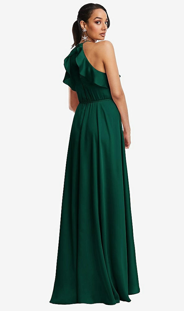 Back View - Hunter Green Ruffle-Trimmed Bodice Halter Maxi Dress with Wrap Slit