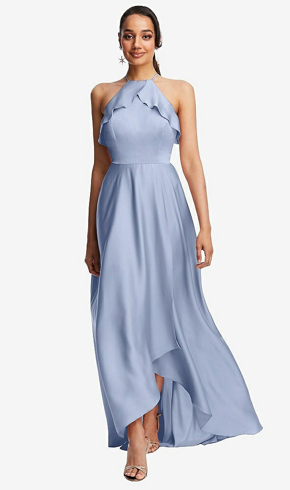 Front View - Sky Blue Ruffle-Trimmed Bodice Halter Maxi Dress with Wrap Slit