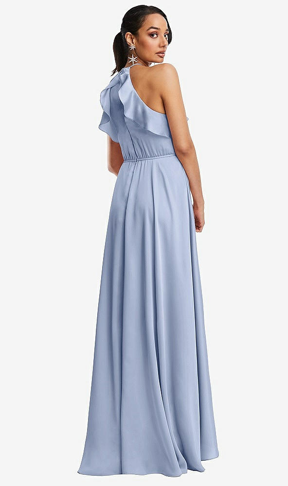 Back View - Sky Blue Ruffle-Trimmed Bodice Halter Maxi Dress with Wrap Slit