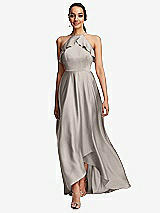 Front View Thumbnail - Taupe Ruffle-Trimmed Bodice Halter Maxi Dress with Wrap Slit