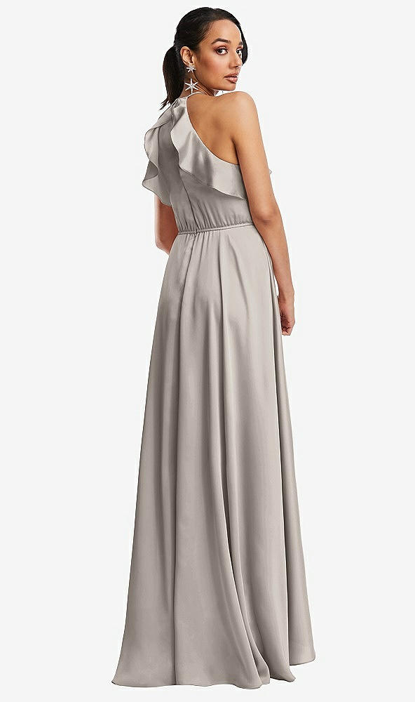 Back View - Taupe Ruffle-Trimmed Bodice Halter Maxi Dress with Wrap Slit
