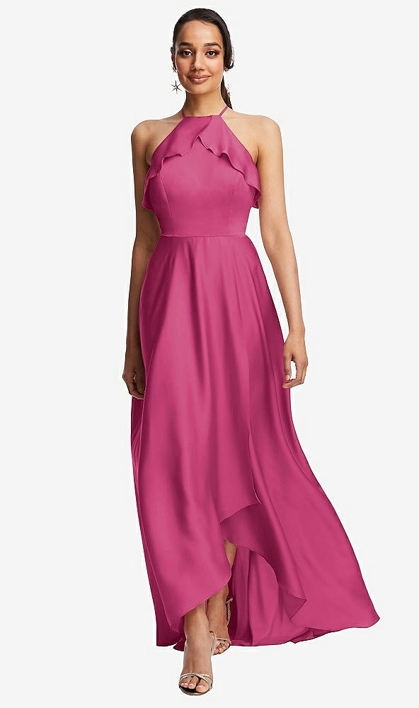 Front View - Tea Rose Ruffle-Trimmed Bodice Halter Maxi Dress with Wrap Slit
