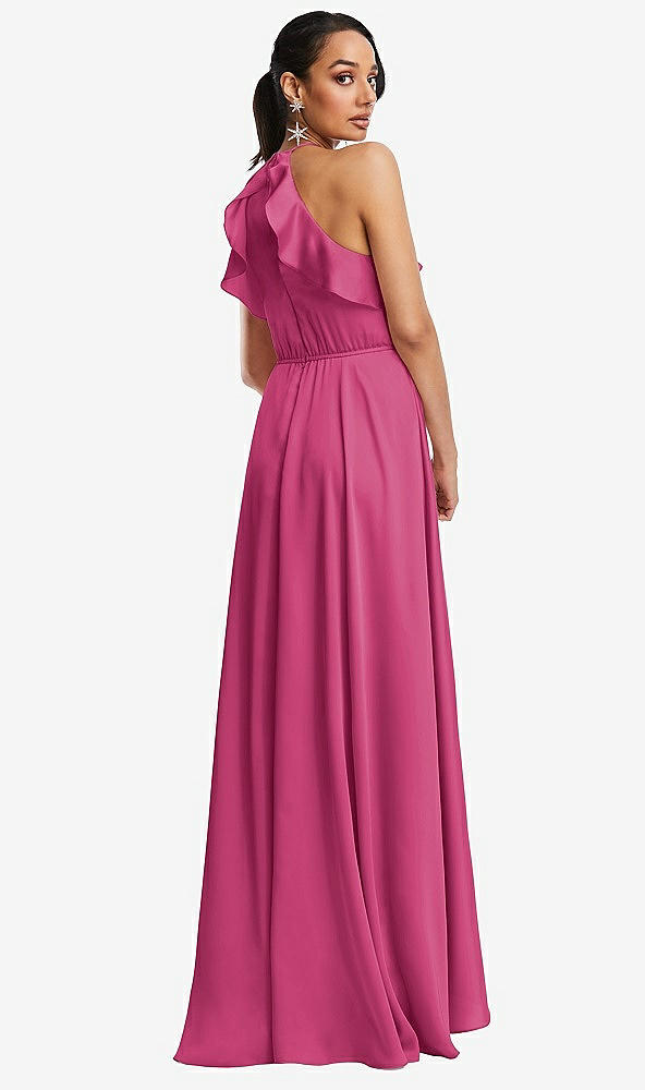 Back View - Tea Rose Ruffle-Trimmed Bodice Halter Maxi Dress with Wrap Slit