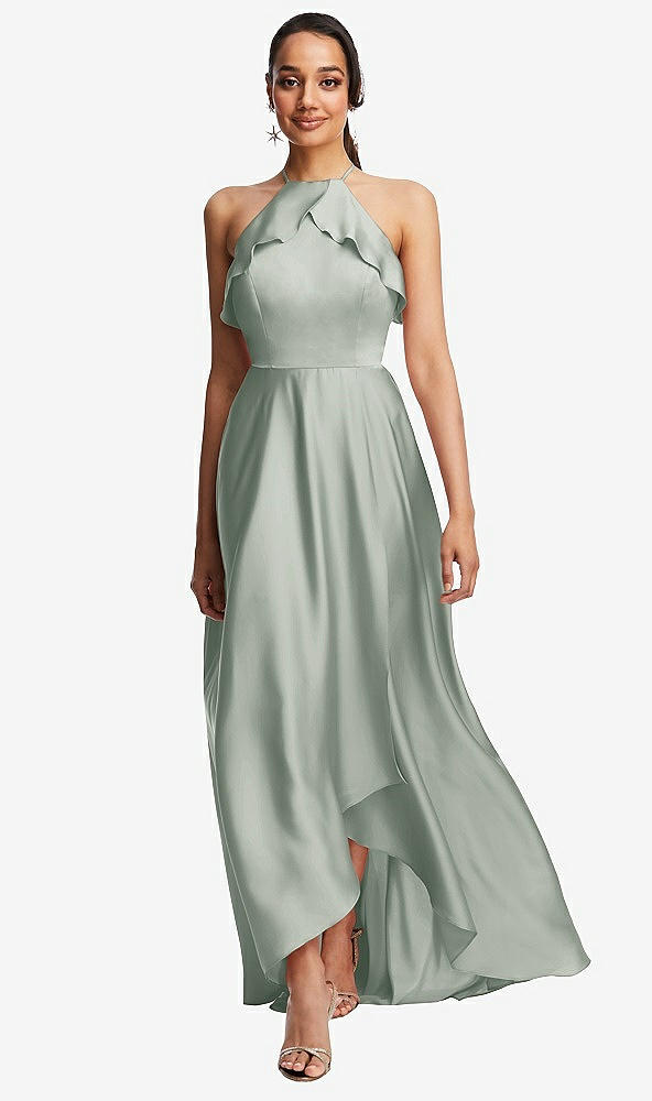 Front View - Willow Green Ruffle-Trimmed Bodice Halter Maxi Dress with Wrap Slit