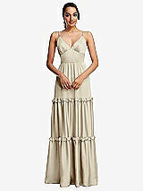 Front View Thumbnail - Champagne Low-Back Triangle Maxi Dress with Ruffle-Trimmed Tiered Skirt